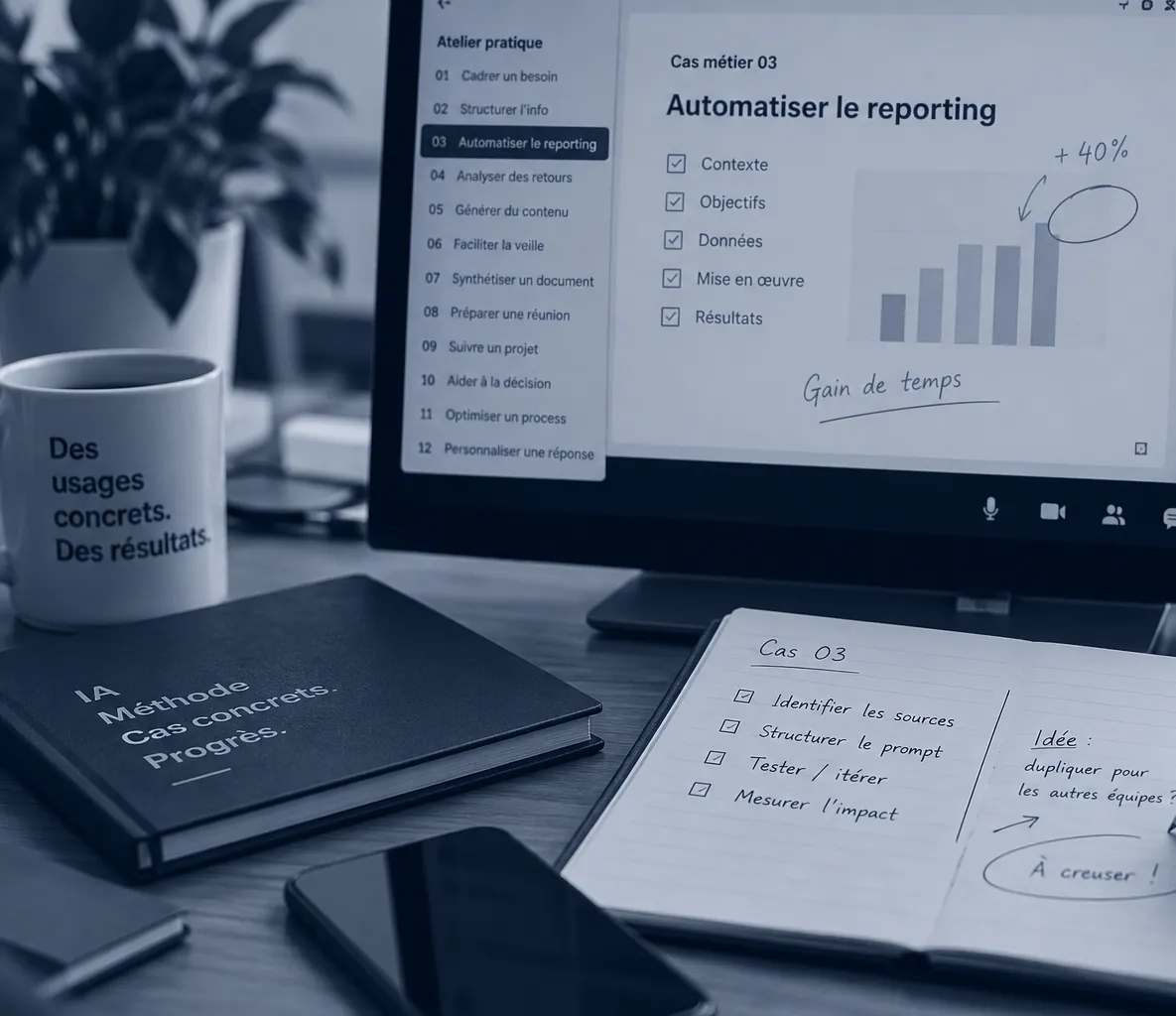 Un poste de travail pendant une séance : à l’écran un cas métier « Automatiser le reporting », à côté un carnet où sont notées les étapes à suivre.
