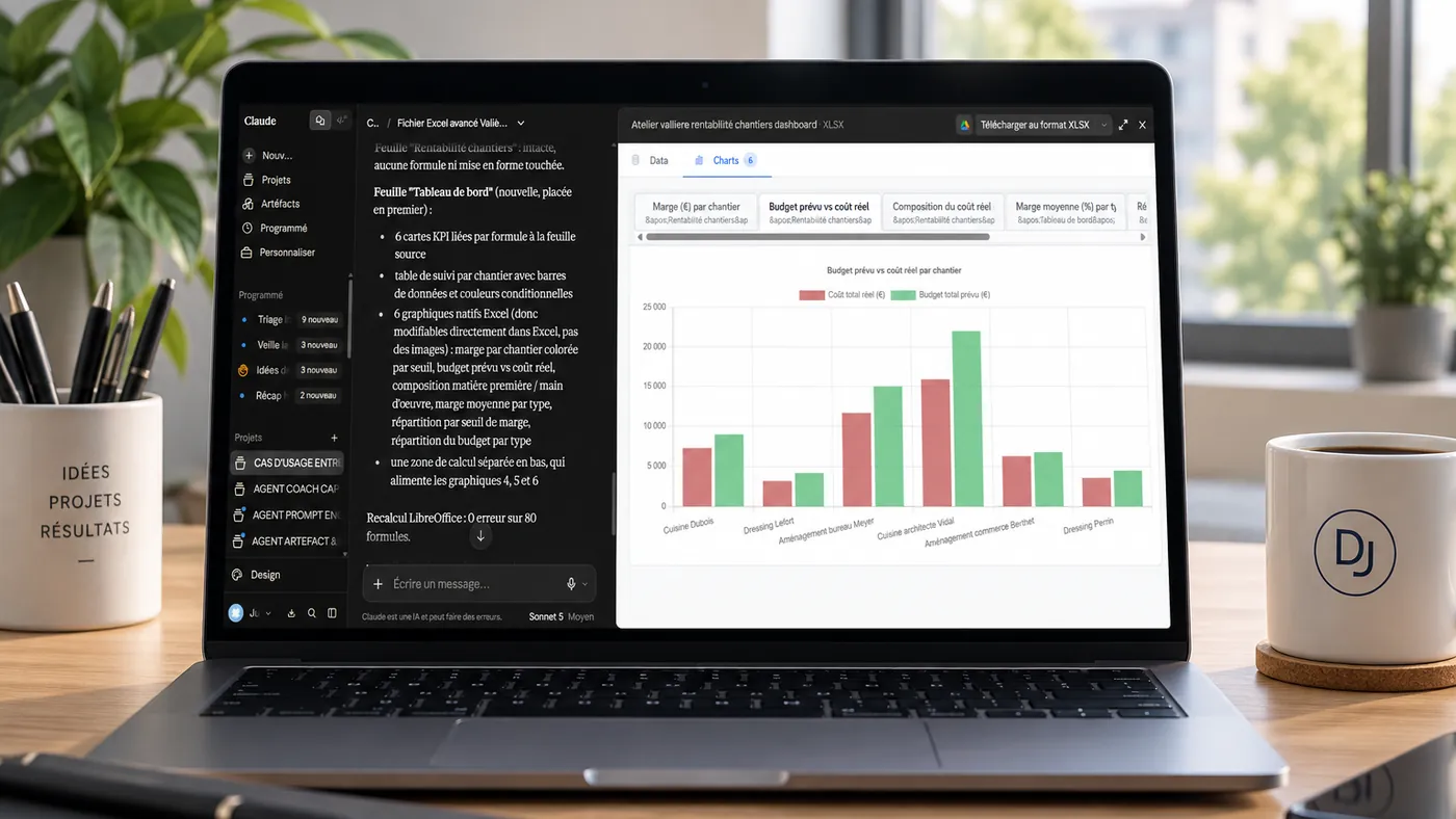 Claude ouvert sur un ordinateur portable : des projets métier dans la barre latérale et un tableau de bord Excel produit en artefact.