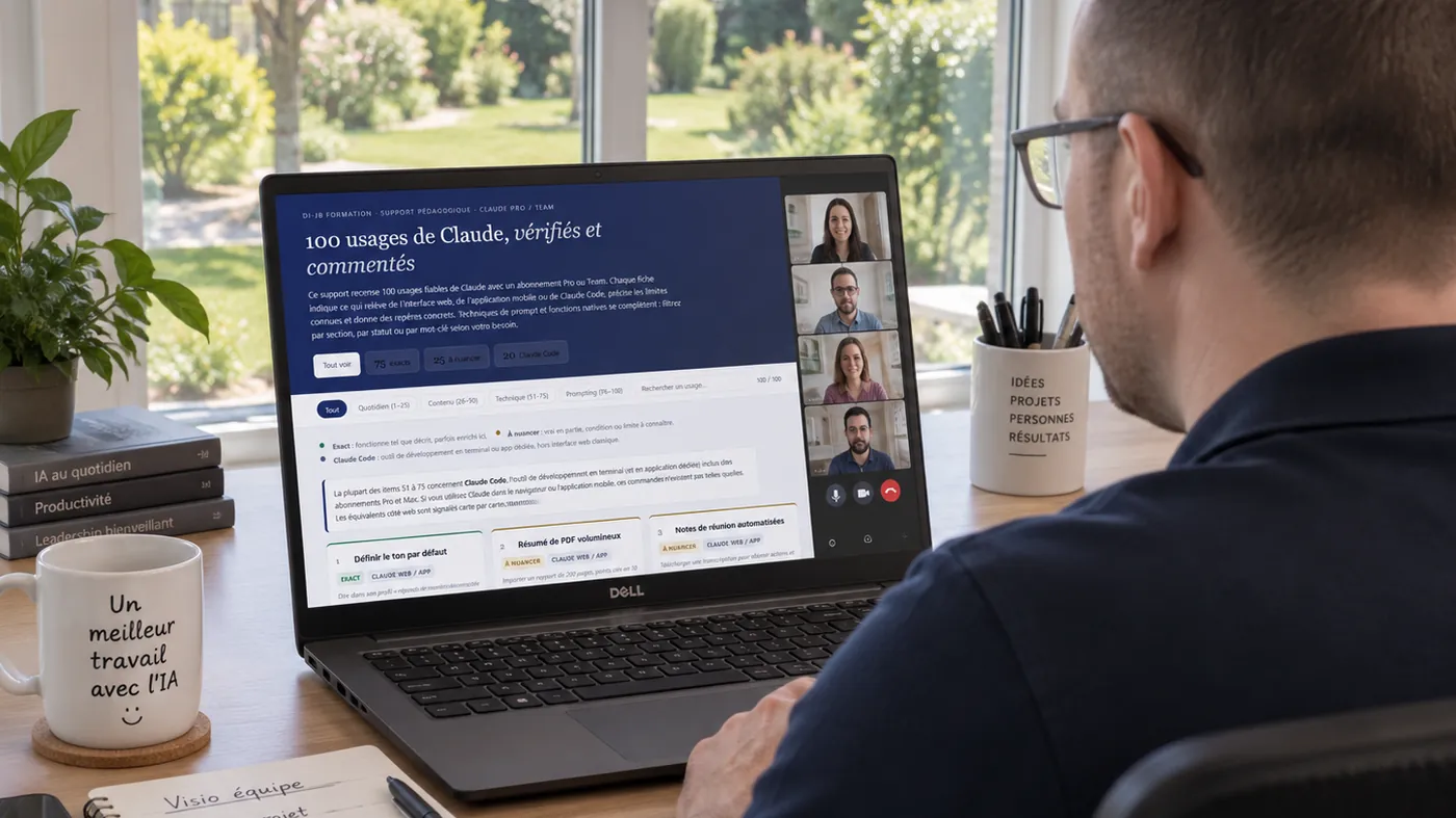 Un participant suit une séance à distance sur son ordinateur, le support de ressources DI-JB Formation affiché à l’écran.
